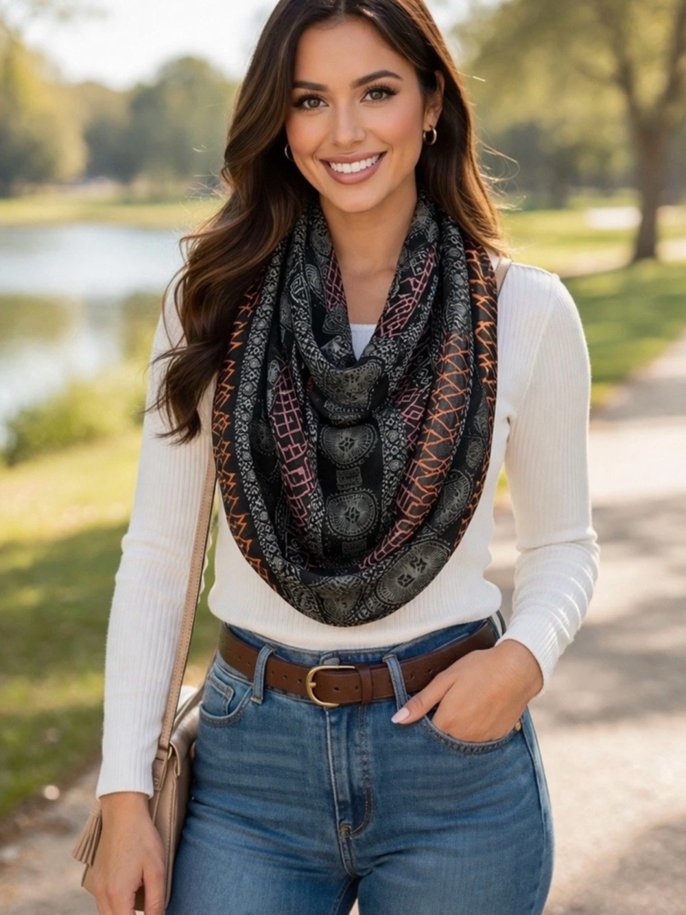 Boho Infinity Scarf Lightweight Black Tribal Print Circle Loop Soft Wrap